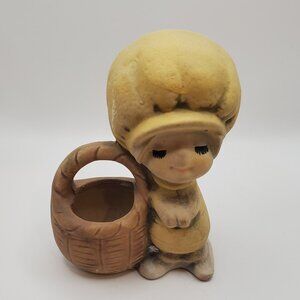 Vintage UCTCI Japan Ceramic Girl Planter – Yellow Bonnet – Pottery Vase Figurine